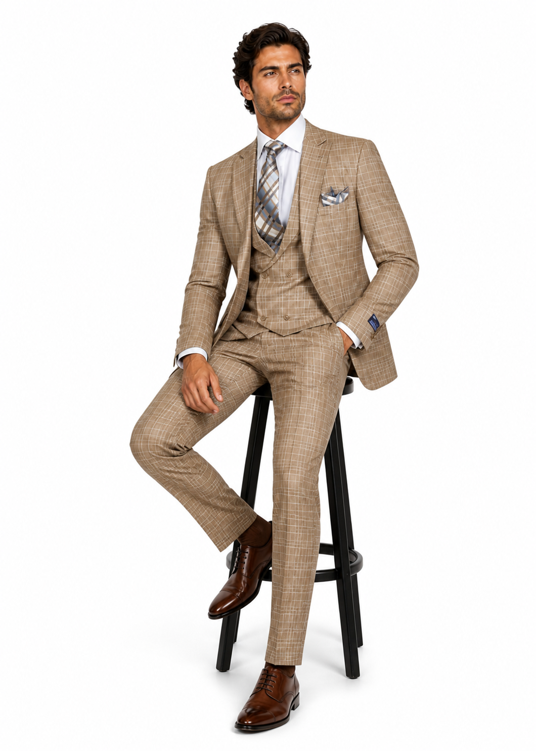 Plaid Khaki Suit with Double Breasted Vest