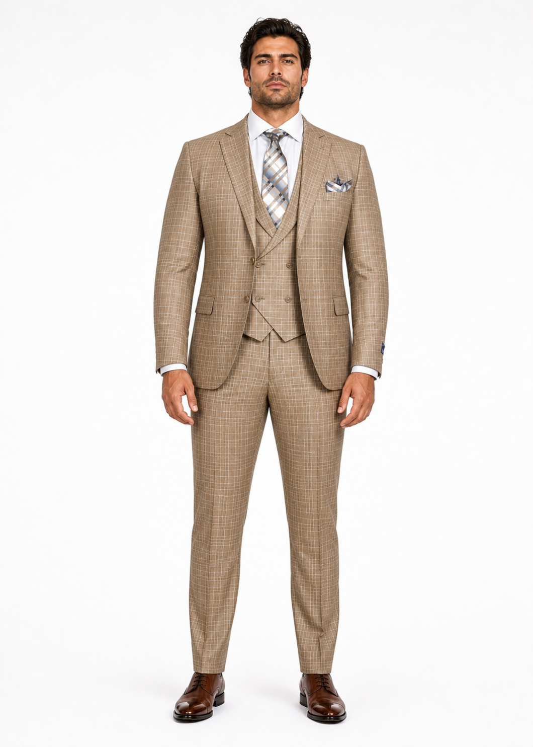 Plaid Khaki Suit with Double Breasted Vest