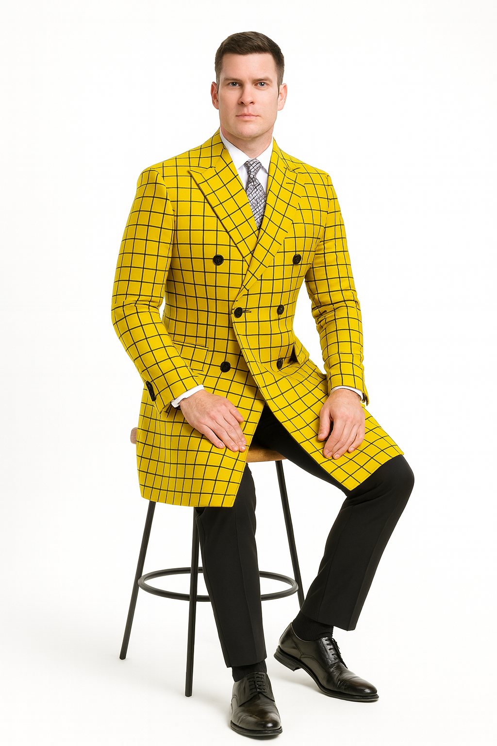 Men's Plaid Wool Peacoat in Yellow