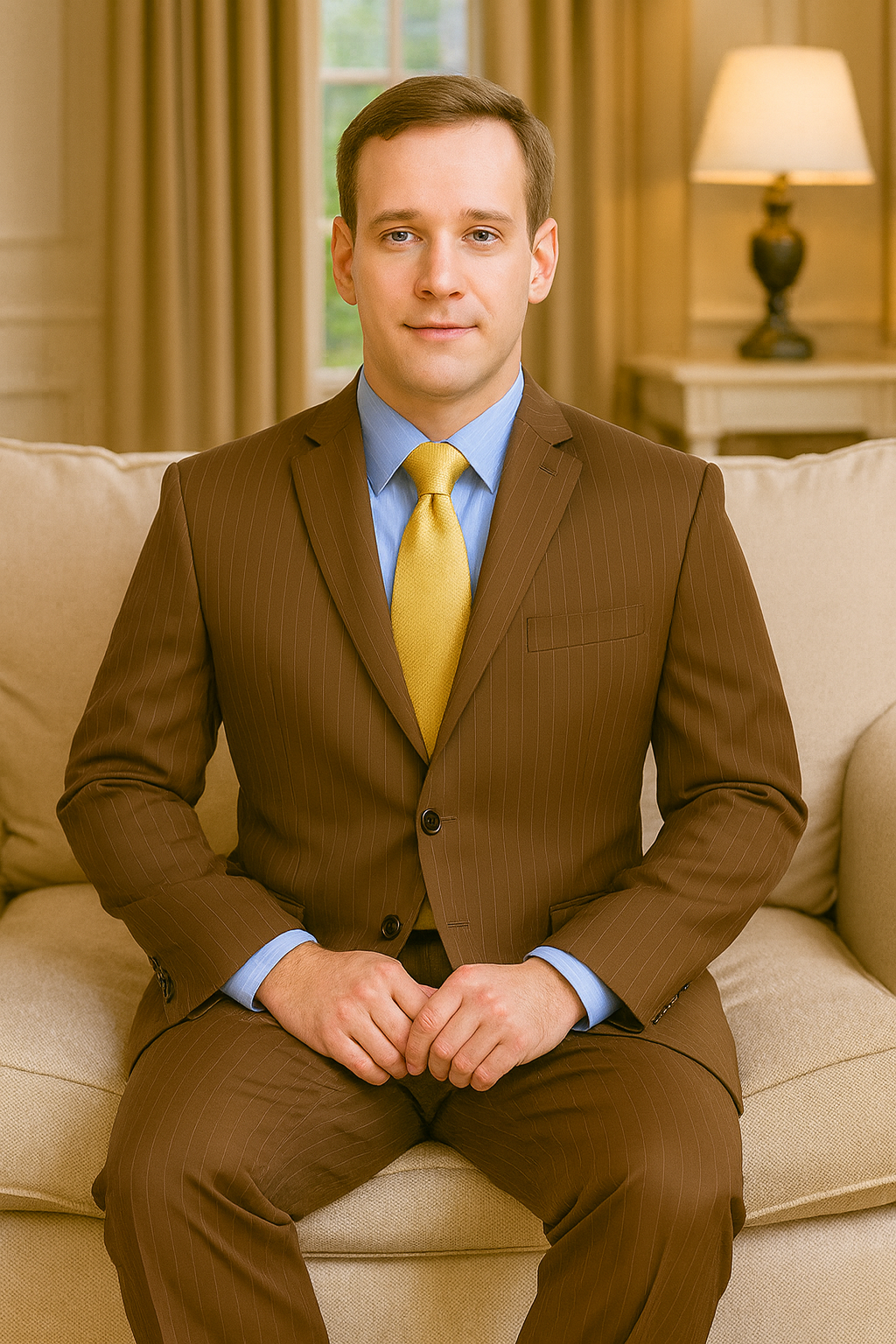 Brown Pinstripe Feel Poly-Rayon Three ~ 3 Buttons Style Suit Pleated Pants