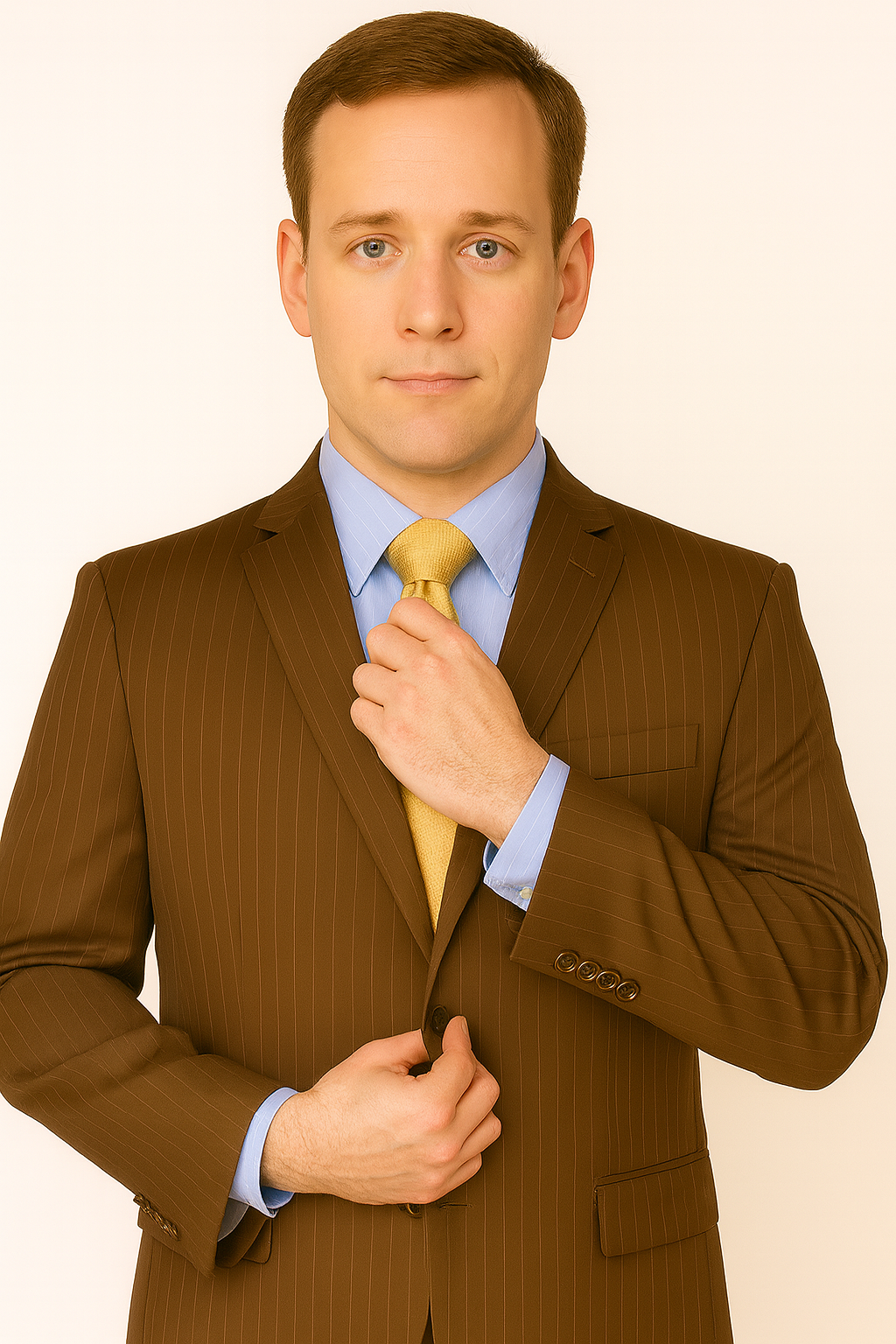 Brown Pinstripe Feel Poly-Rayon Three ~ 3 Buttons Style Suit Pleated Pants