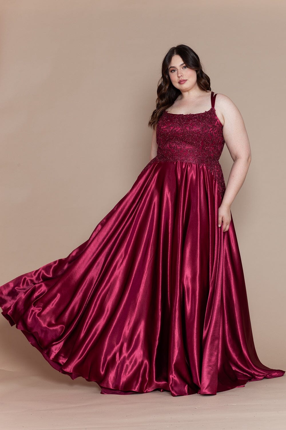 Poly USA W1094 Plus Size Embroidered Long Satin A-line Dress