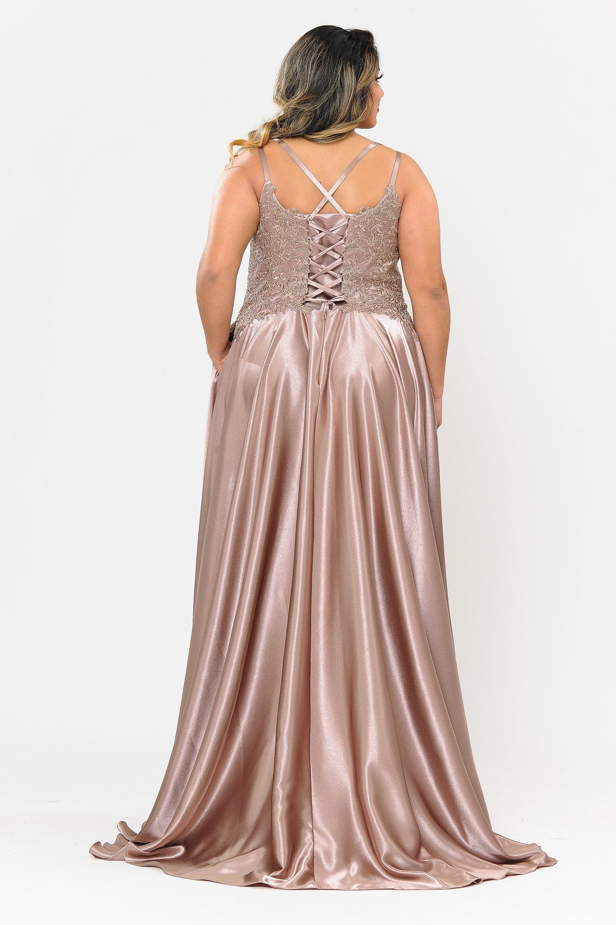 Poly USA W1094 Plus Size Embroidered Long Satin A-line Dress