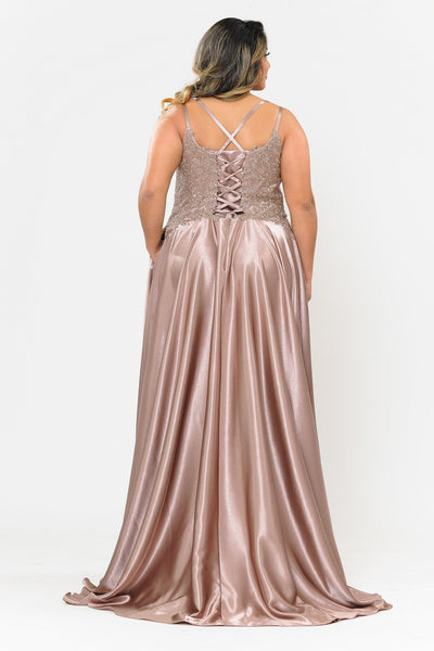 Poly USA W1094 Plus Size Embroidered Long Satin A-line Dress