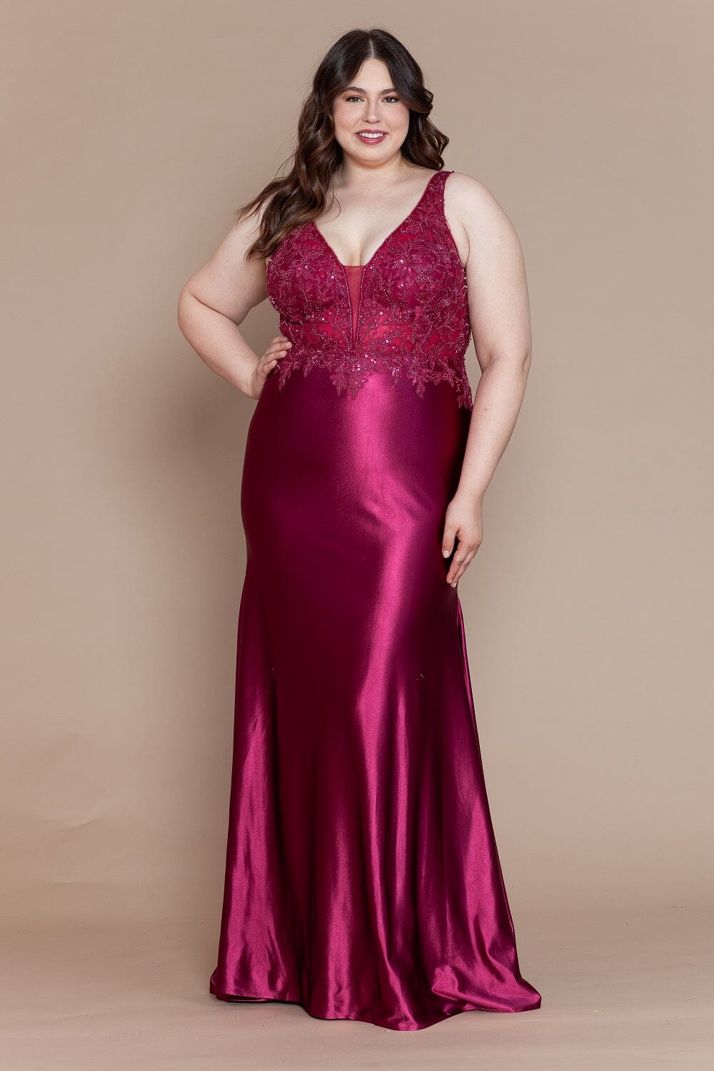 Poly USA W1160 Plus Size Fitted Embroidered V-Neck Gown