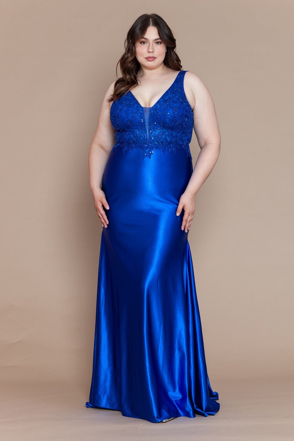 Poly USA W1160 Plus Size Fitted Embroidered V-Neck Gown
