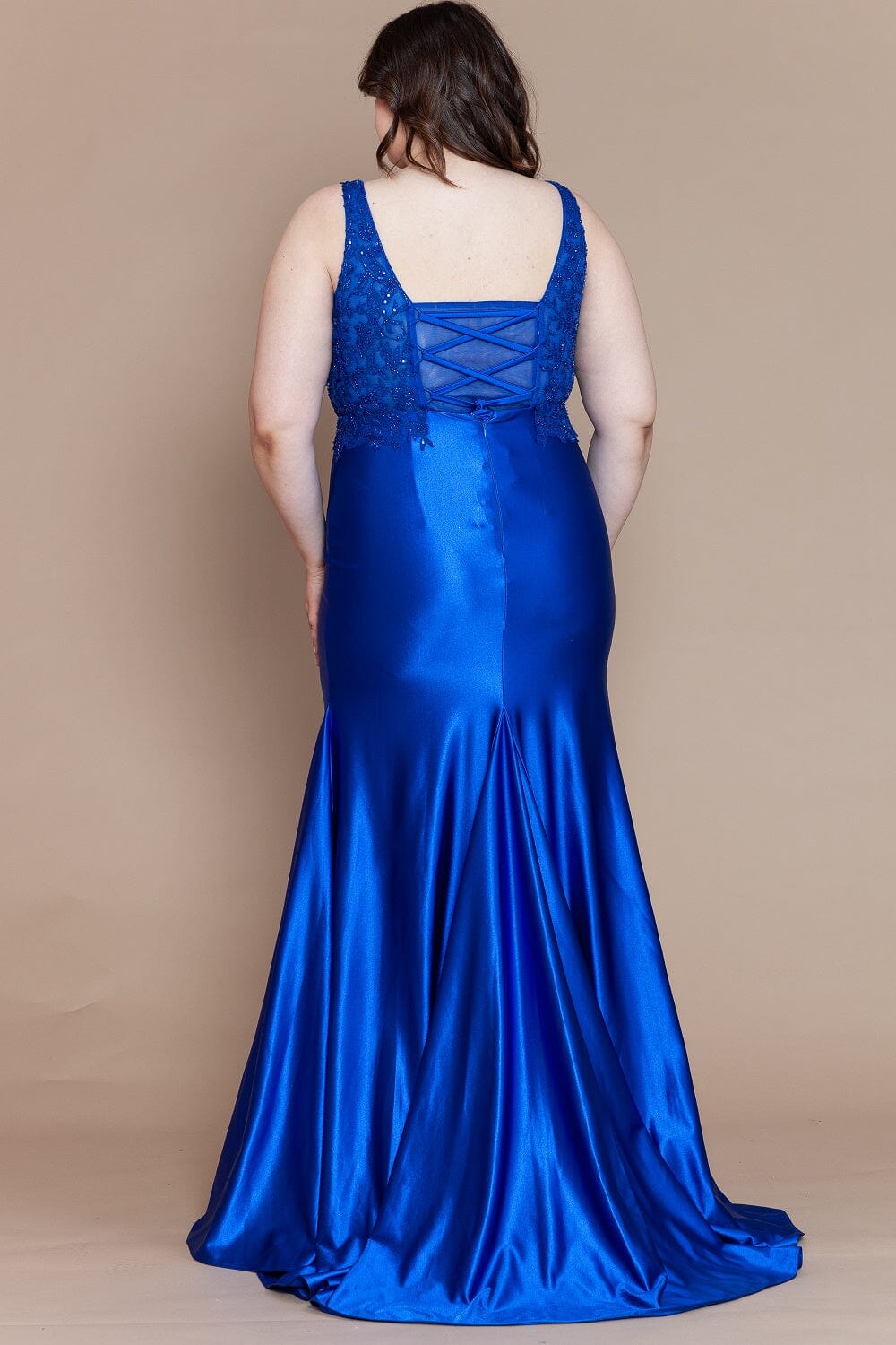 Poly USA W1160 Plus Size Fitted Embroidered V-Neck Gown