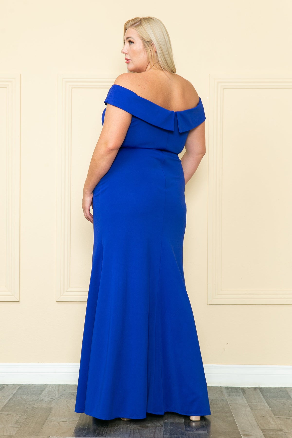 Poly USA W1118 Plus Size Fitted Off Shoulder Slit Gown
