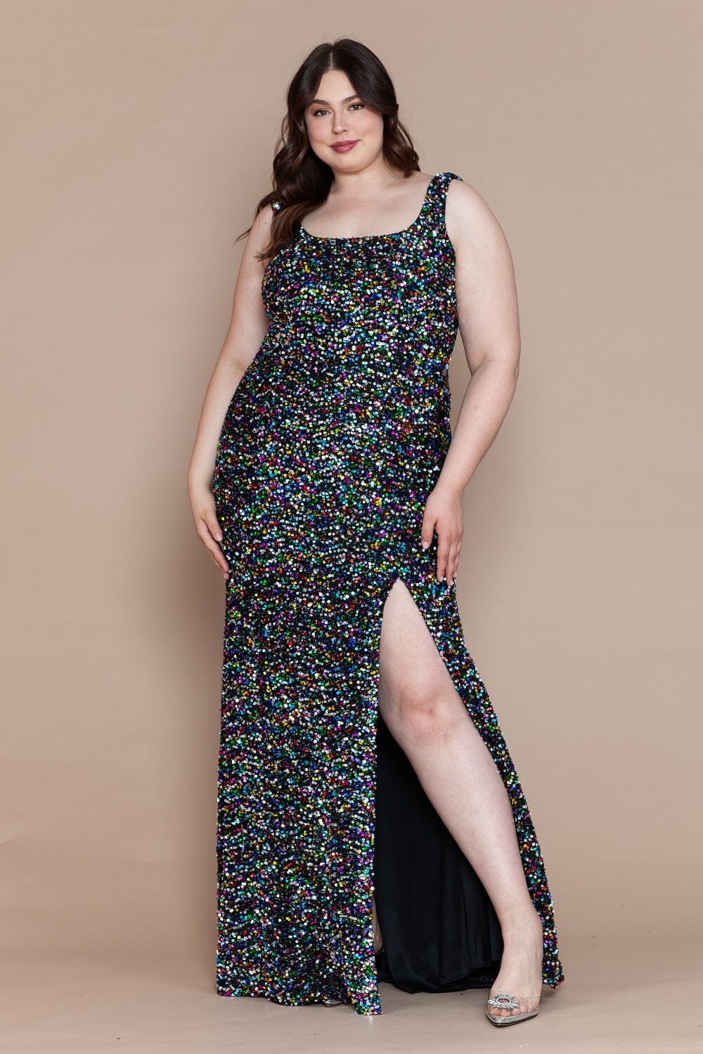 Poly USA W1126 Plus Size Fitted Sleeveless Sequin Gown
