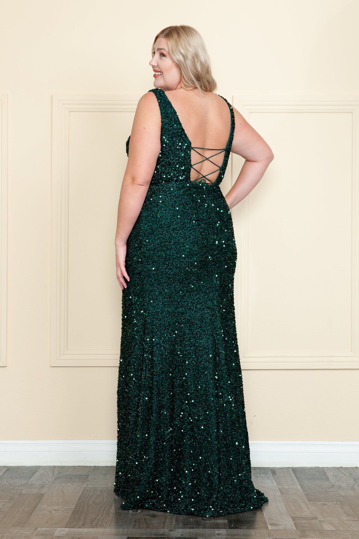Poly USA W1126 Plus Size Fitted Sleeveless Sequin Gown