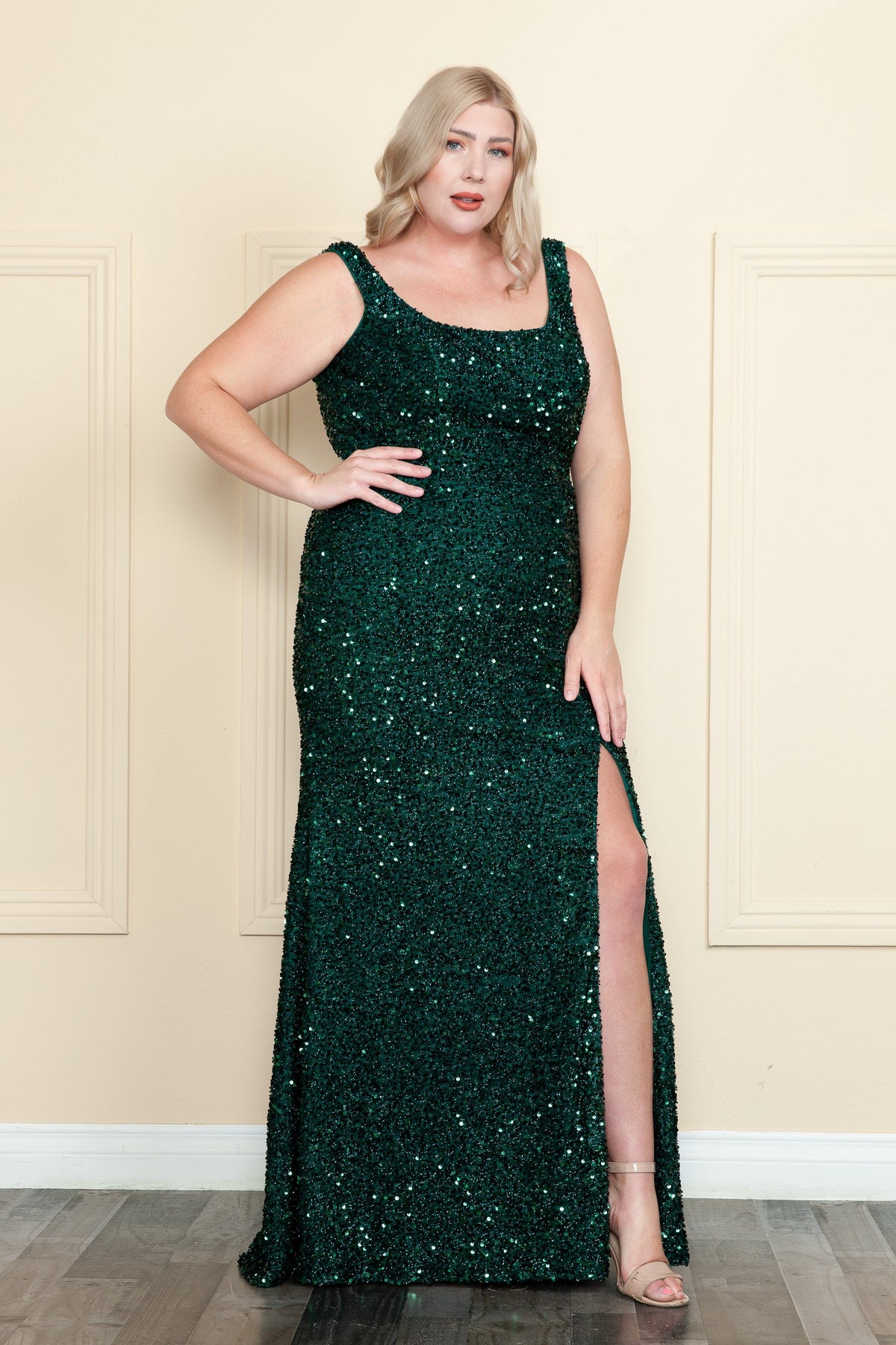 Poly USA W1126 Plus Size Fitted Sleeveless Sequin Gown