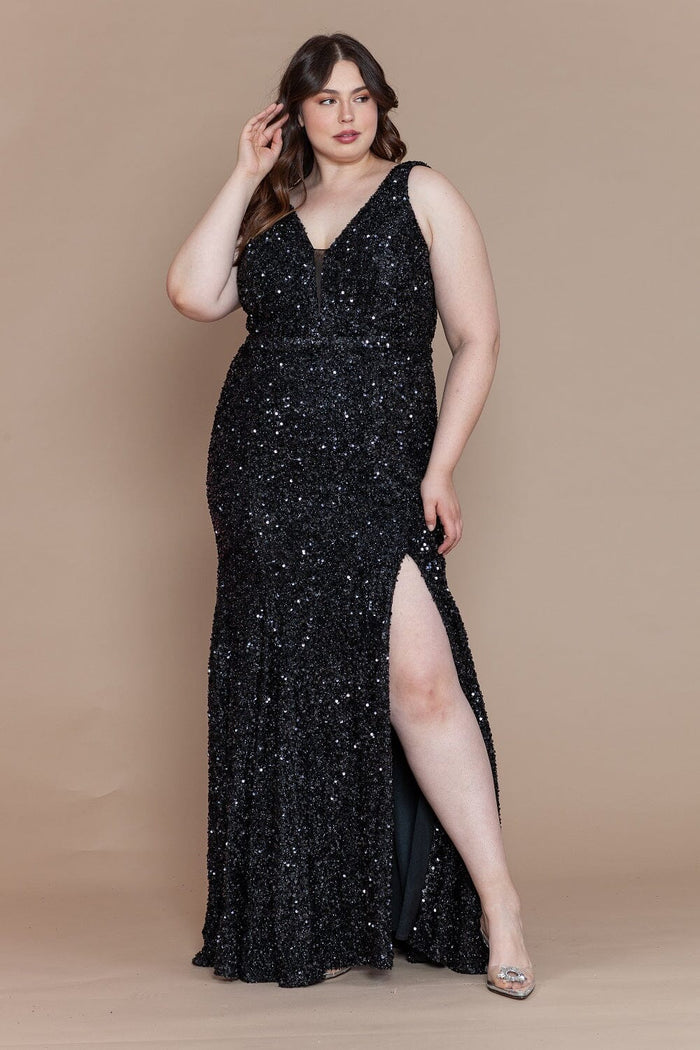 Poly USA W1122 Plus Size Fitted Sleeveless Sequin Slit Gown