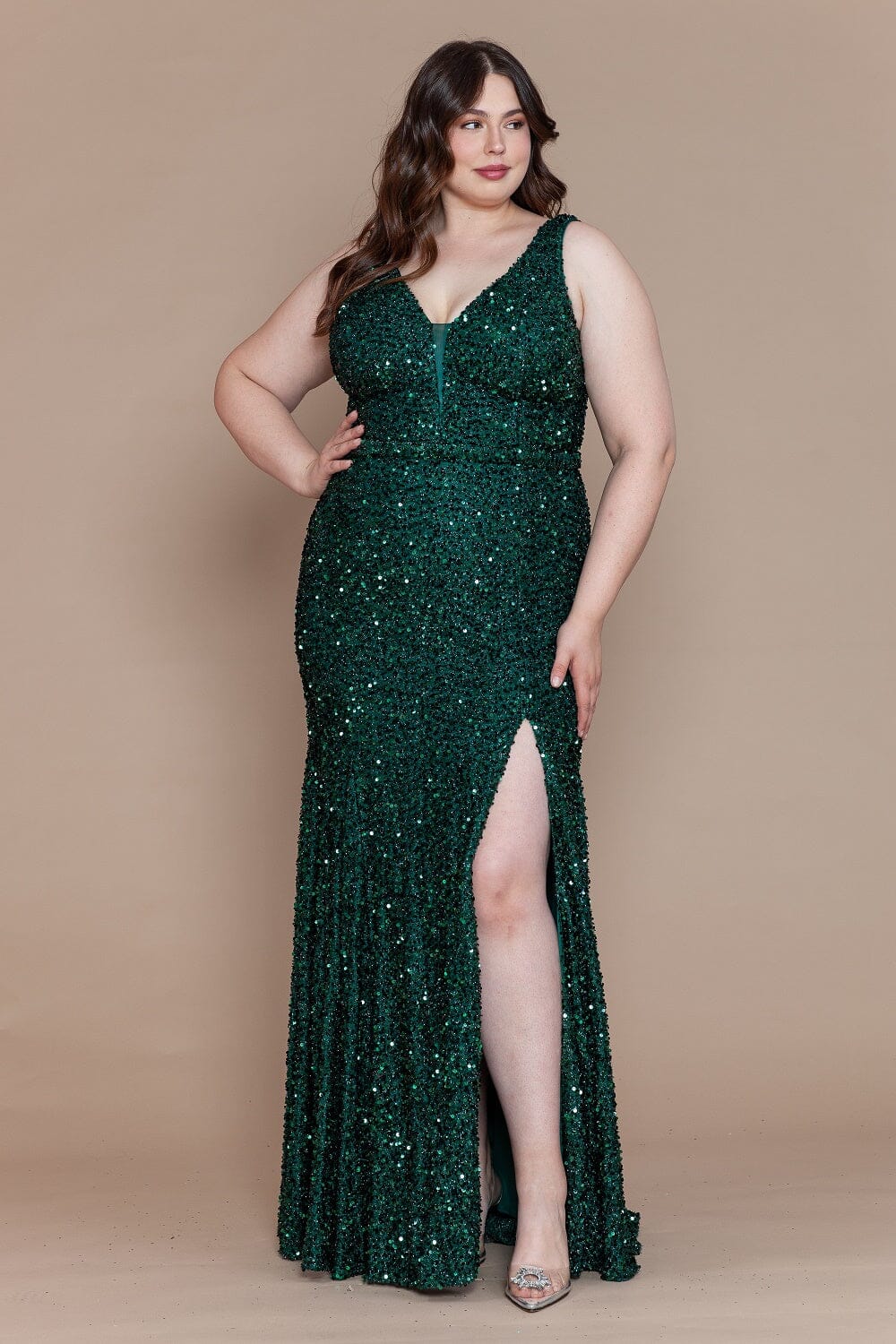 Poly USA W1122 Plus Size Fitted Sleeveless Sequin Slit Gown