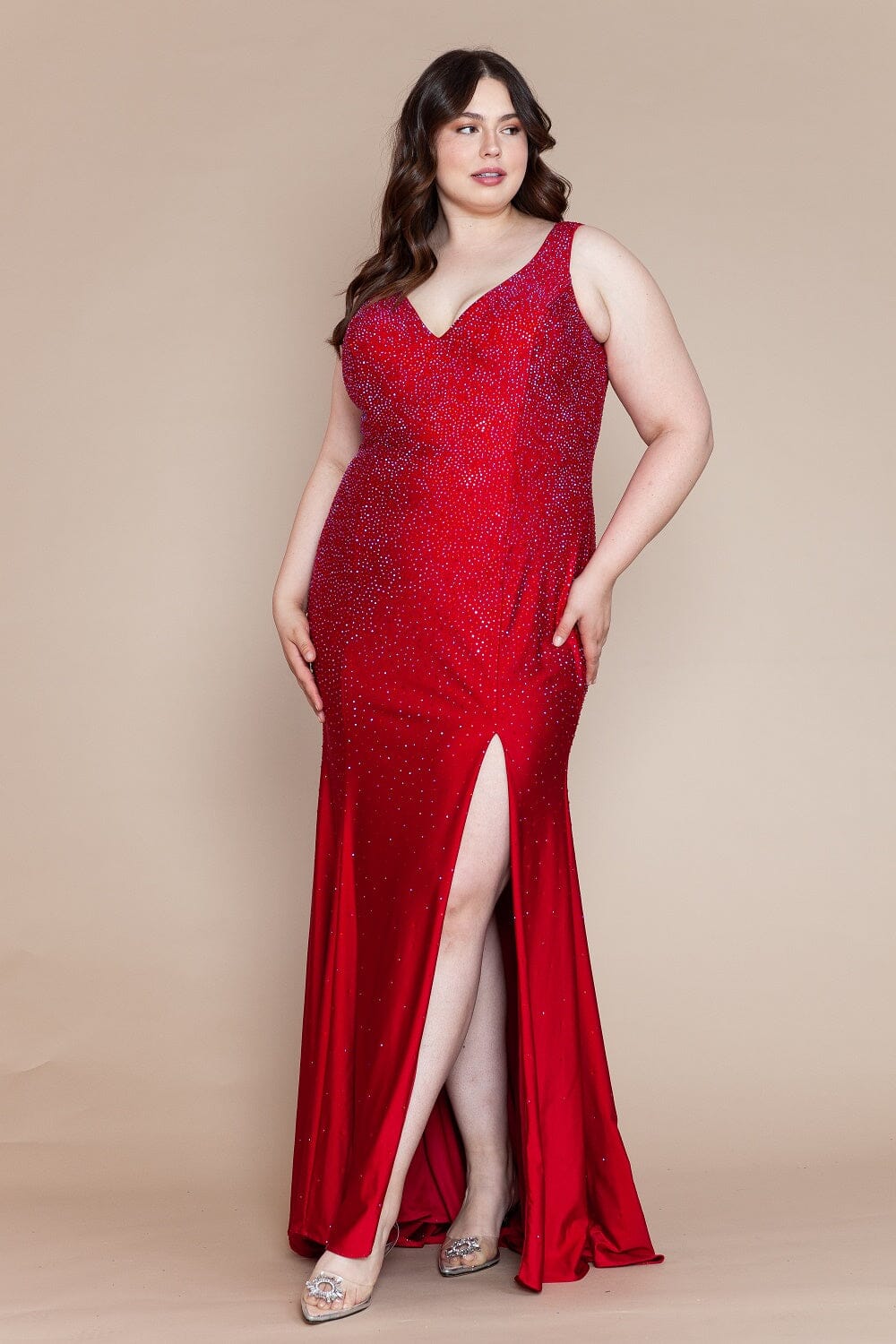 Poly USA W1116 Plus Size Fitted V-Neck Rhinestone Gown