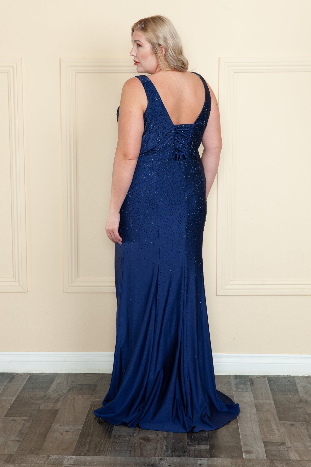Poly USA W1116 Plus Size Fitted V-Neck Rhinestone Gown