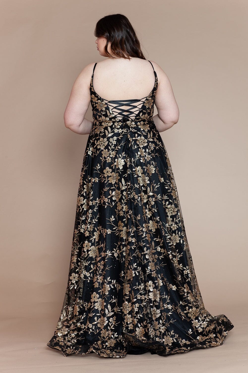 Poly USA W1134 Plus Size Glitter Print Sleeveless A-line Gown