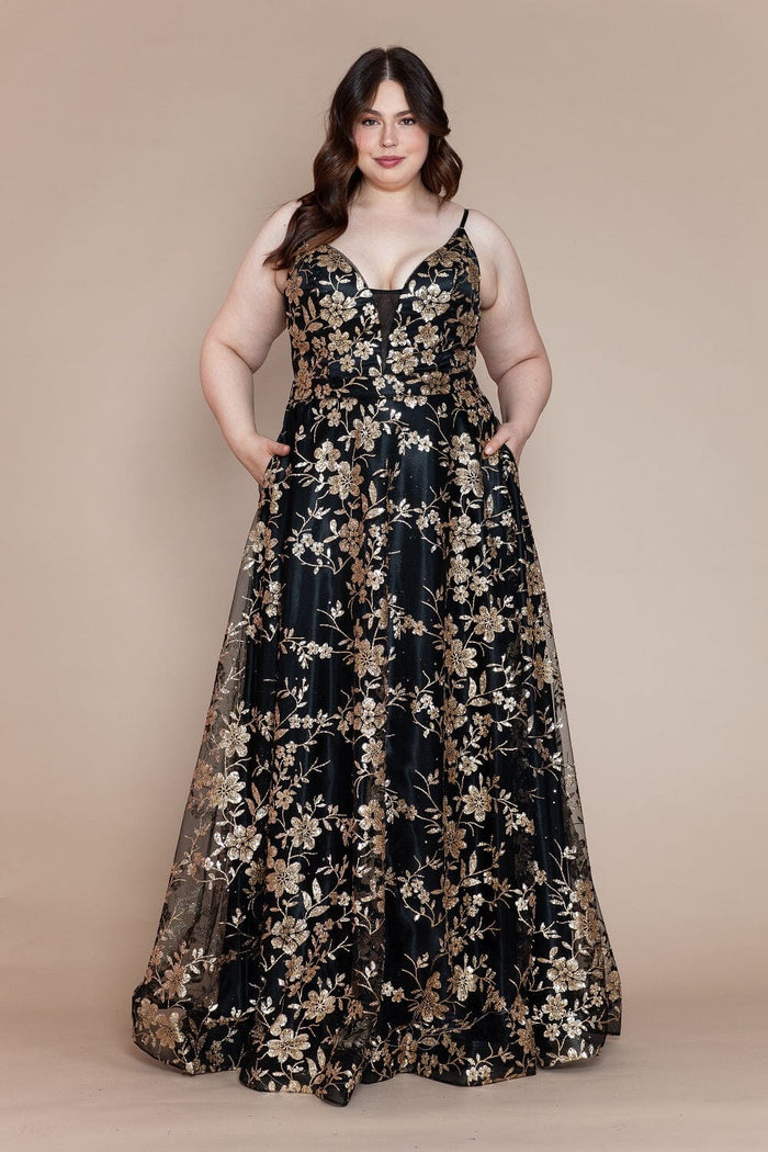 Poly USA W1134 Plus Size Glitter Print Sleeveless A-line Gown