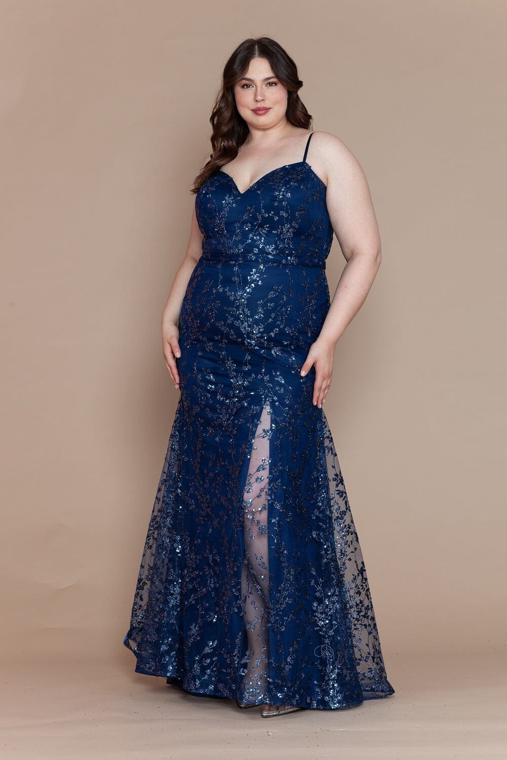 Poly USA W1154 Plus Size Glitter Print Sleeveless Slit Gown