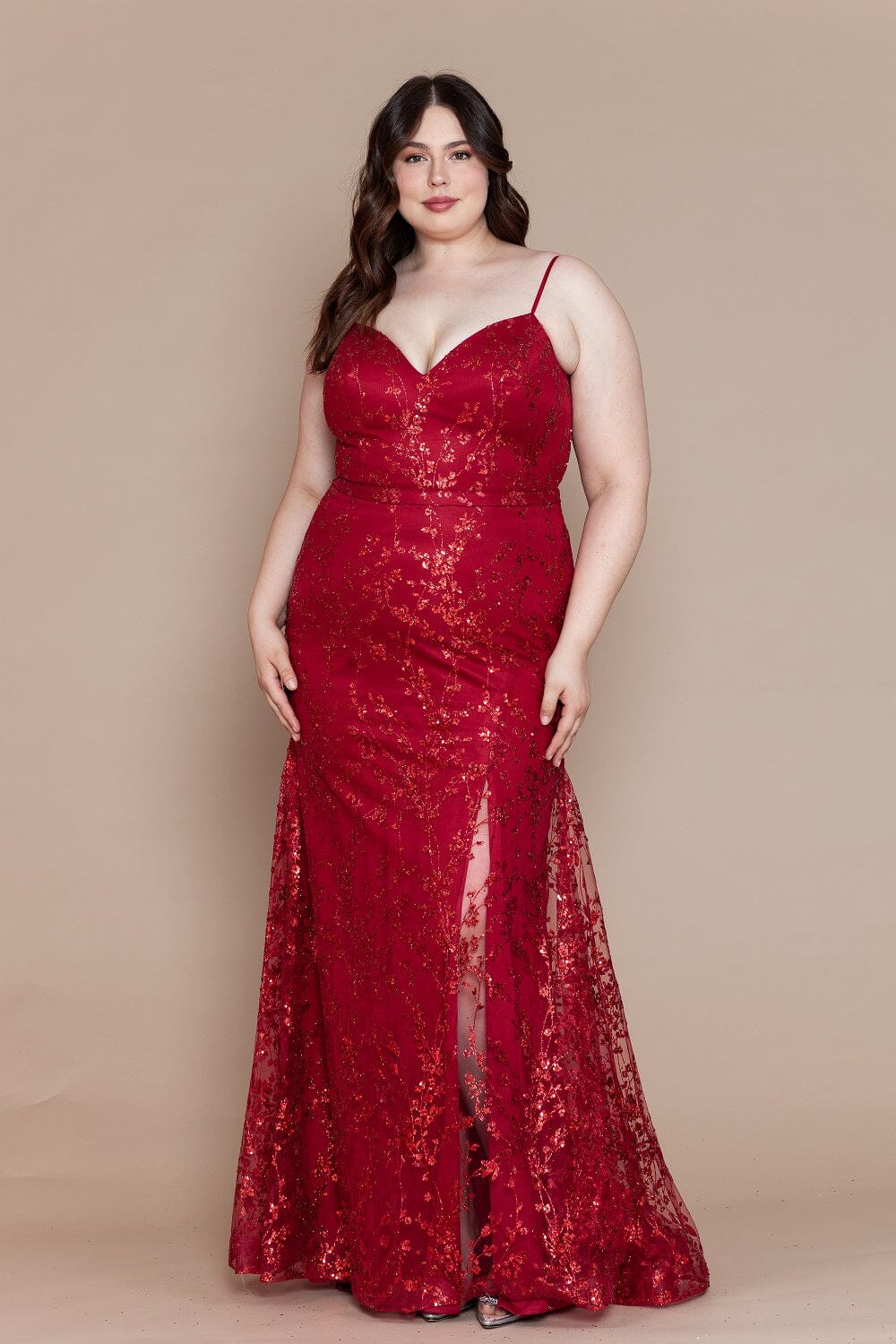 Poly USA W1154 Plus Size Glitter Print Sleeveless Slit Gown