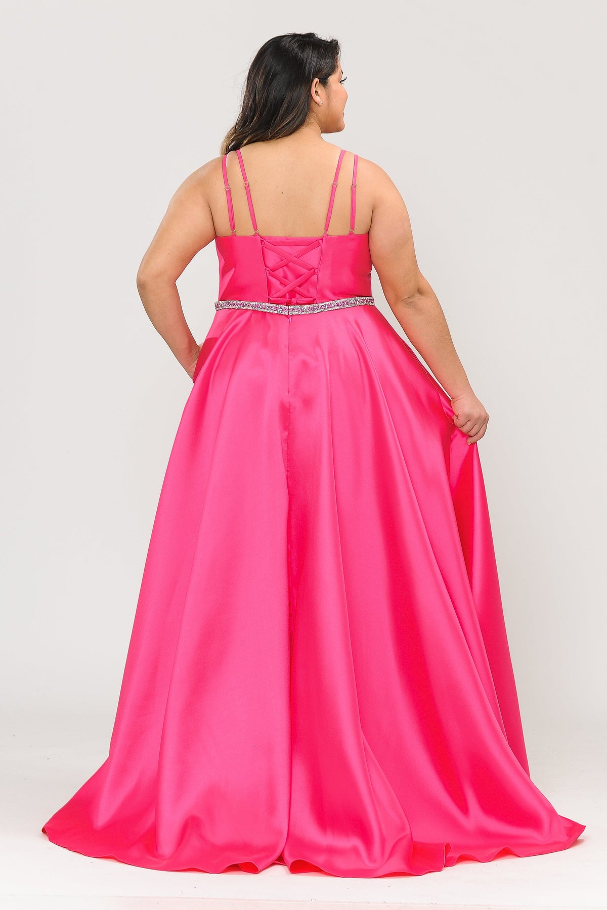 Poly USA W1106 Plus Size Long Deep V-Neck Mikado Dress