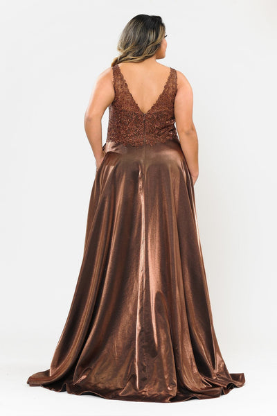 Poly USA W1032 Plus Size Long Embroidered Bodice Satin Dress