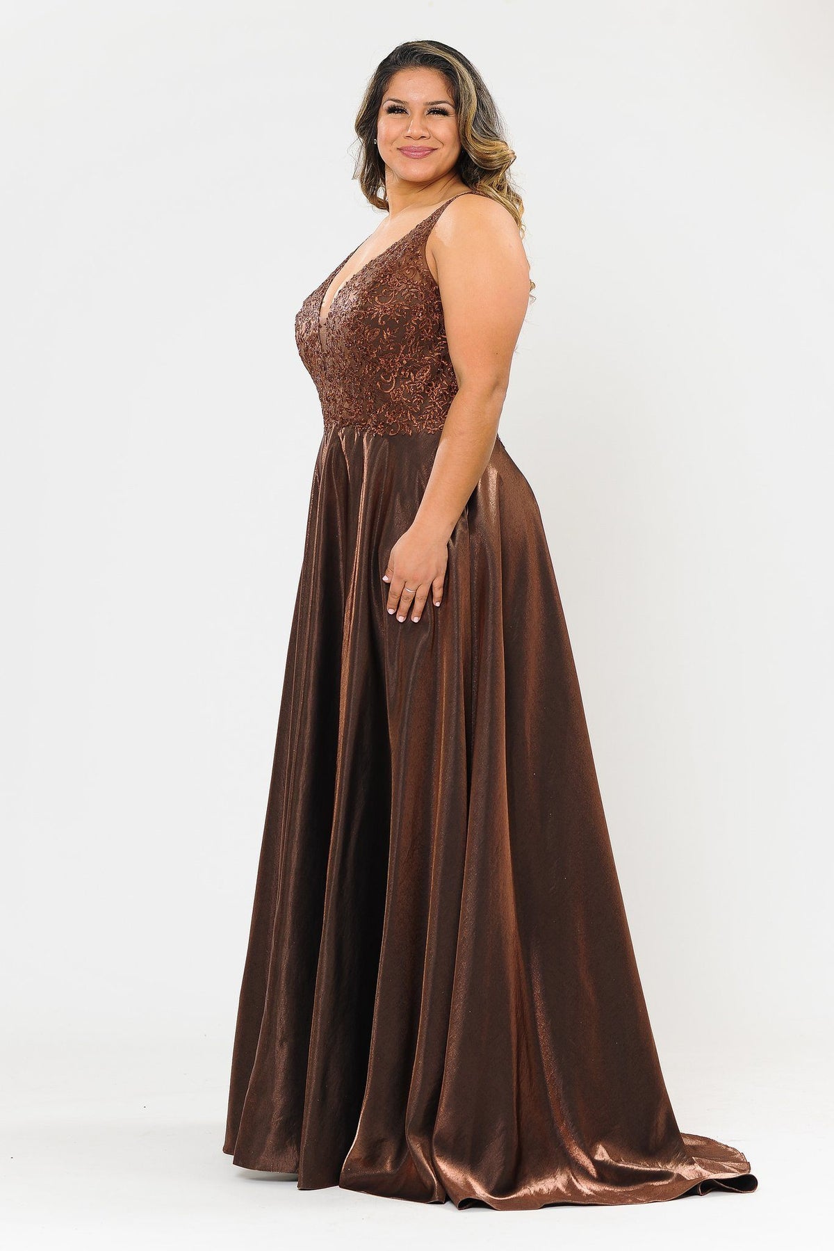 Poly USA W1032 Plus Size Long Embroidered Bodice Satin Dress