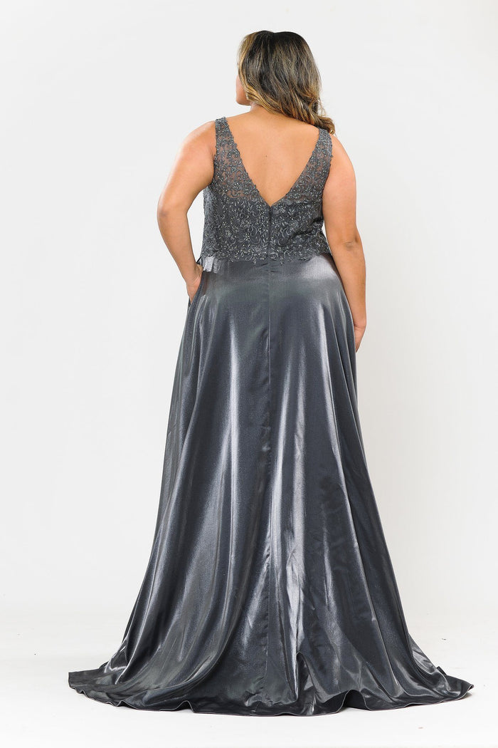 Poly USA W1032 Plus Size Long Embroidered Bodice Satin Dress