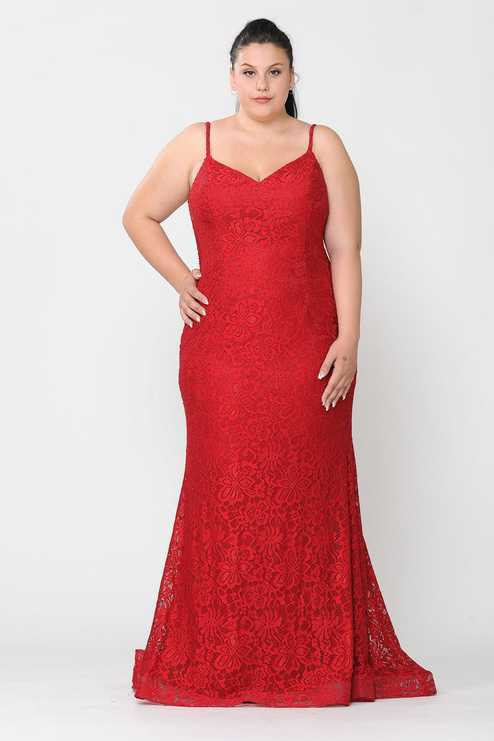 Poly USA W1090 Plus Size Long Floral Lace V-Neck Dress