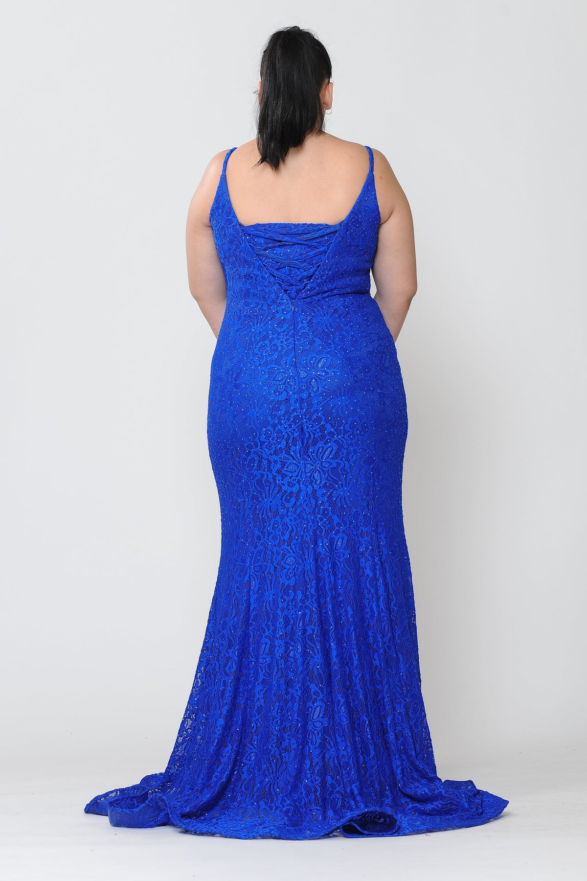 Poly USA W1090 Plus Size Long Floral Lace V-Neck Dress