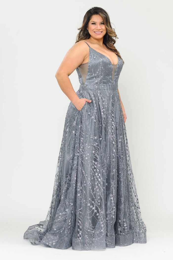 Poly USA W1004 Plus Size Long Glitter Mesh Dress