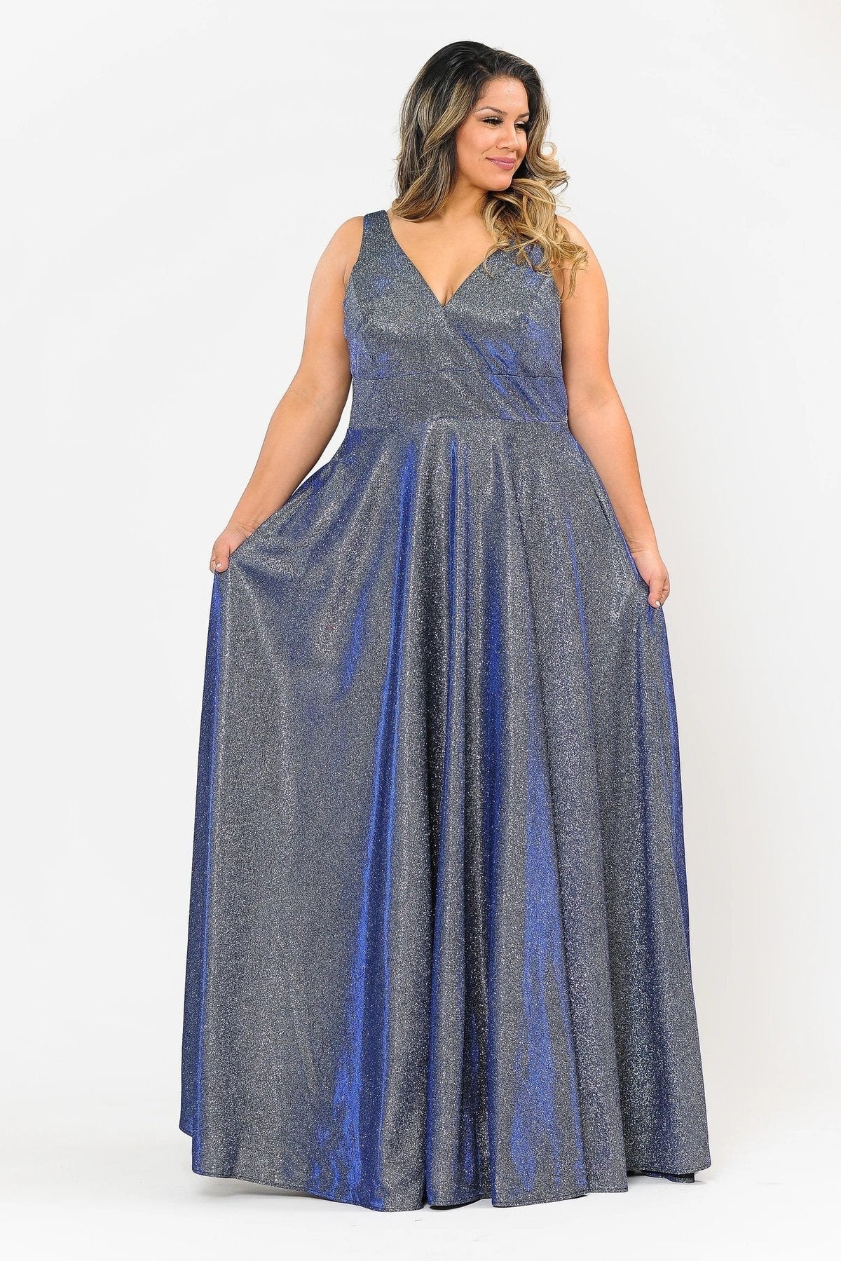 Poly USA W1036 Plus Size Long Metallic Glitter V-Neck Dress