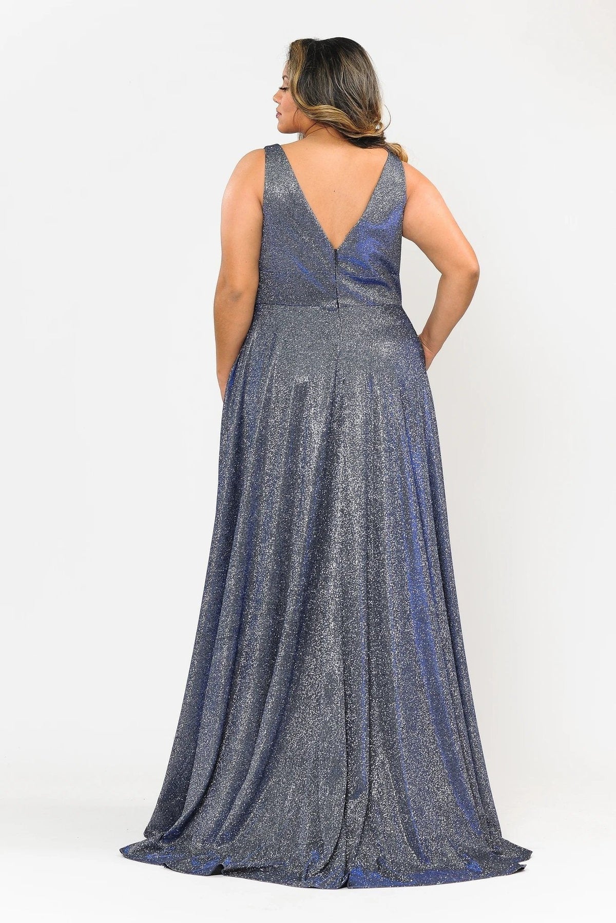Poly USA W1036 Plus Size Long Metallic Glitter V-Neck Dress