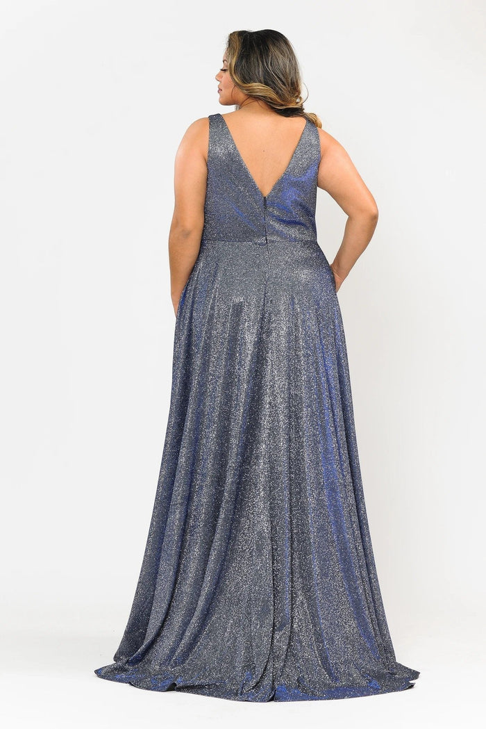 Poly USA W1036 Plus Size Long Metallic Glitter V-Neck Dress