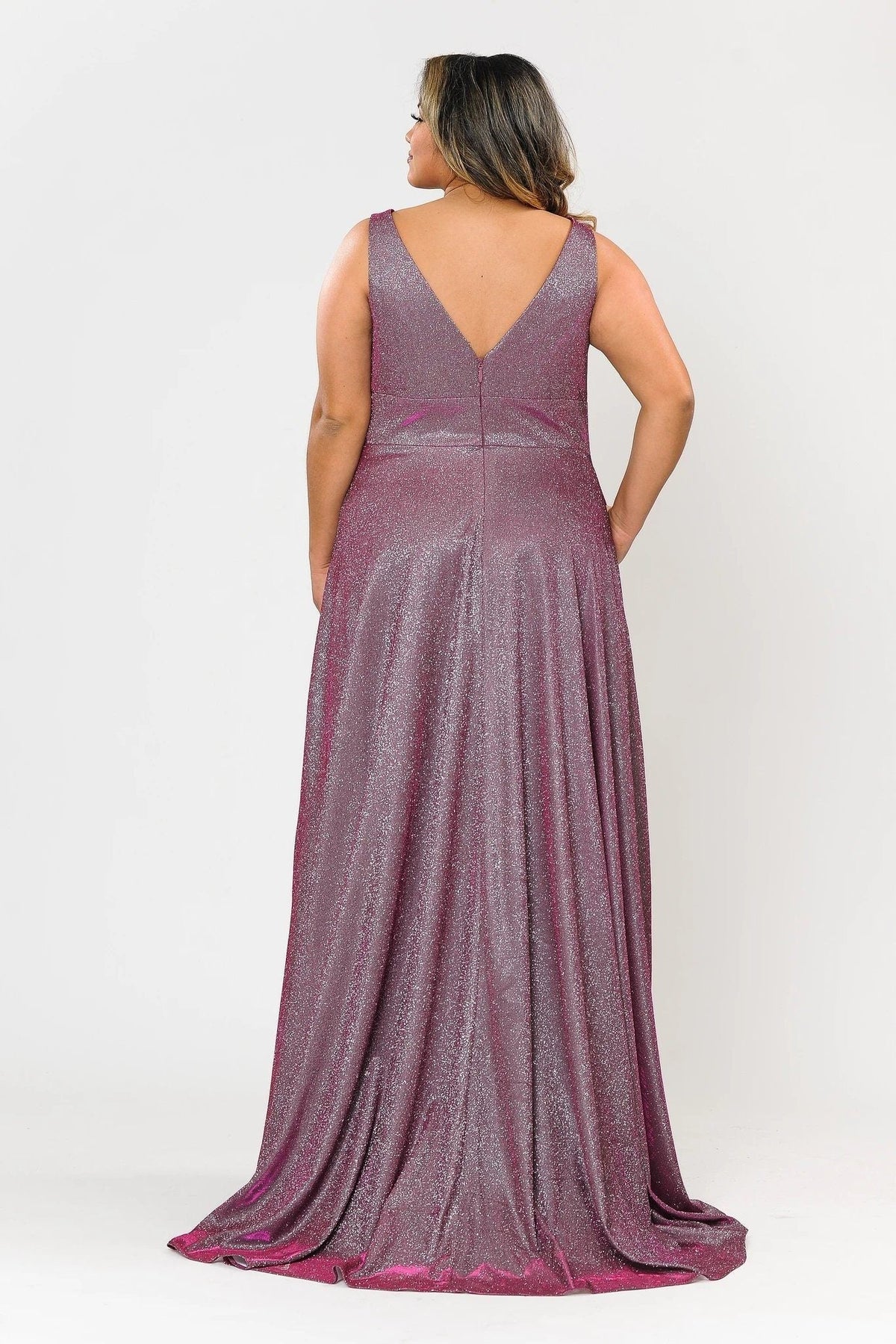 Poly USA W1036 Plus Size Long Metallic Glitter V-Neck Dress