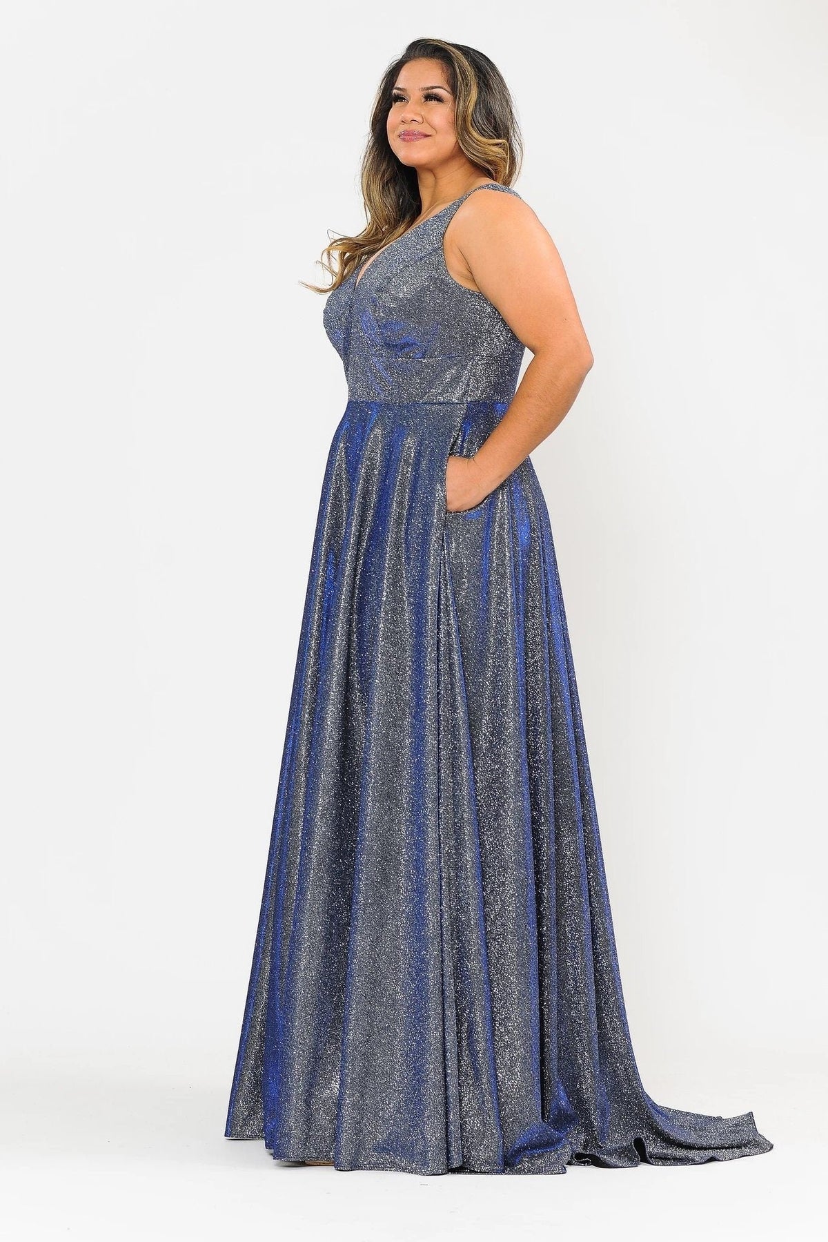 Poly USA W1036 Plus Size Long Metallic Glitter V-Neck Dress