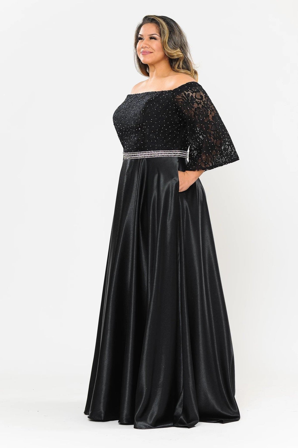 Poly USA W1008 Plus Size Long Off Shoulder Dress with Sleeves