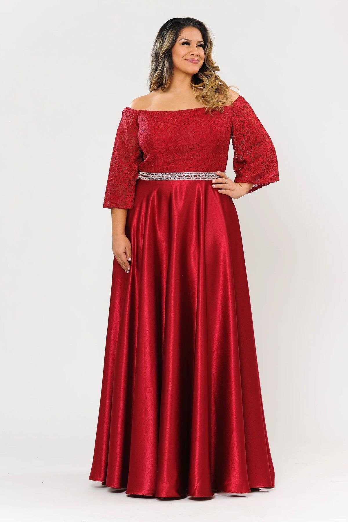 Poly USA W1008 Plus Size Long Off Shoulder Dress with Sleeves