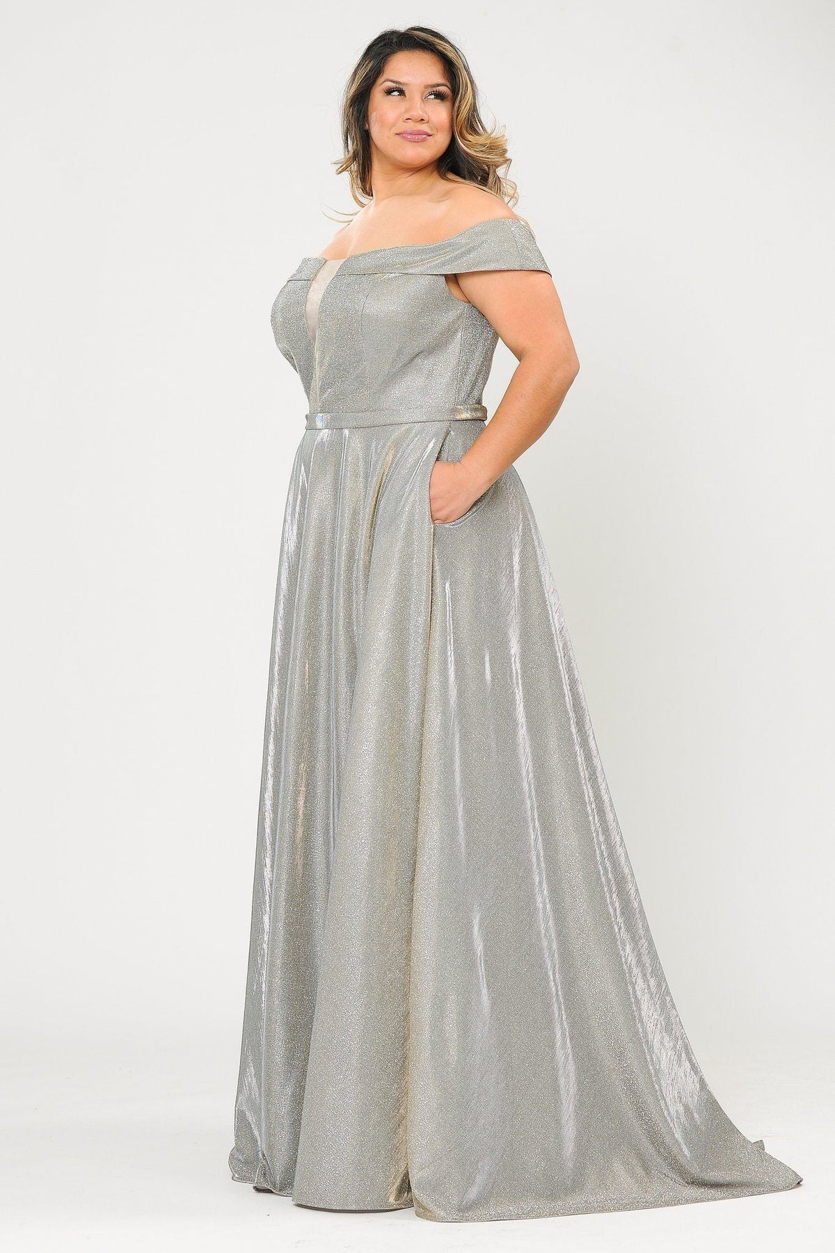 Poly USA W1060 Plus Size Long Off Shoulder Glitter Dress
