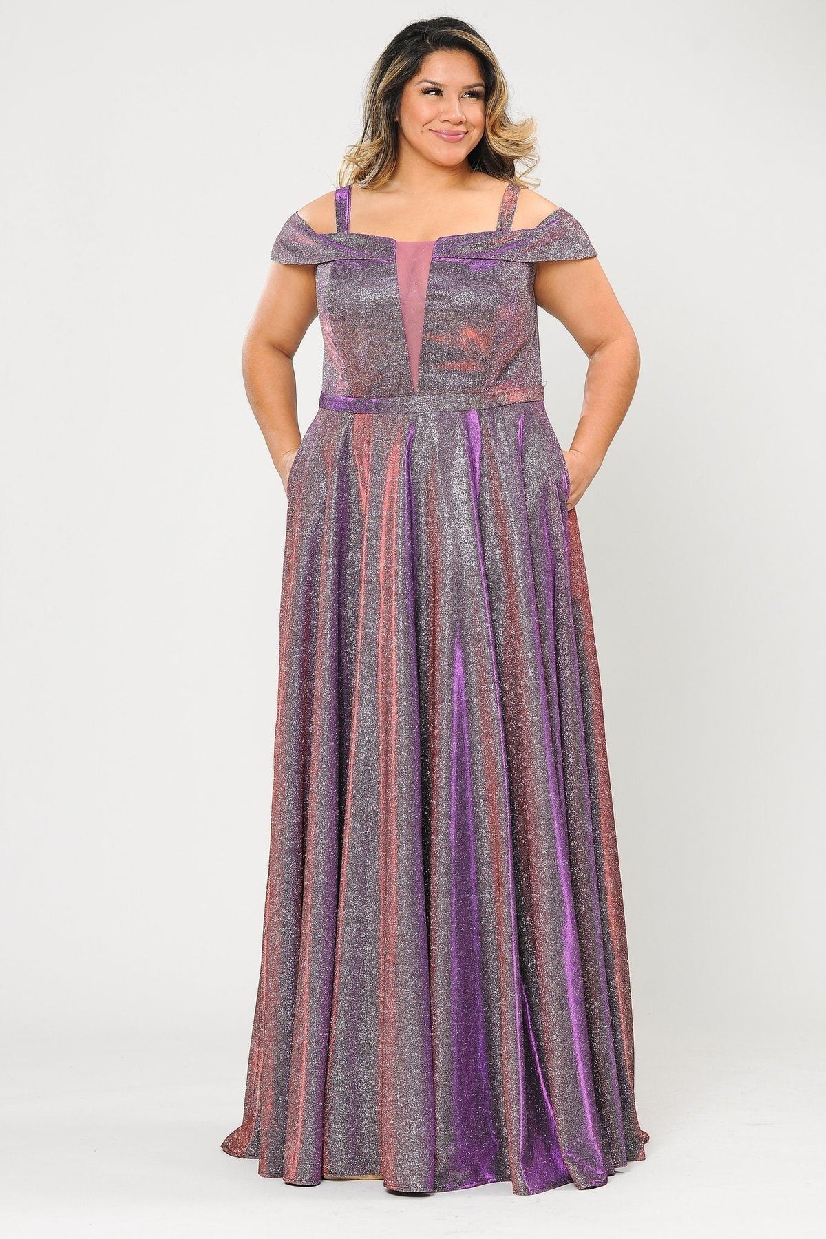 Poly USA W1060 Plus Size Long Off Shoulder Glitter Dress
