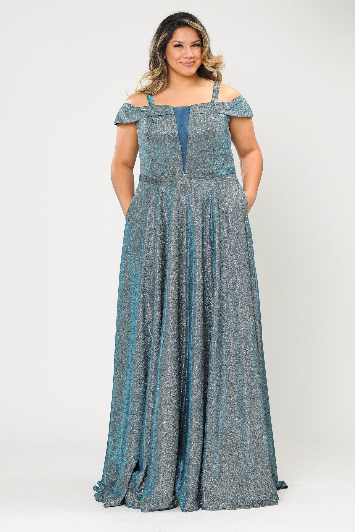 Poly USA W1060 Plus Size Long Off Shoulder Glitter Dress
