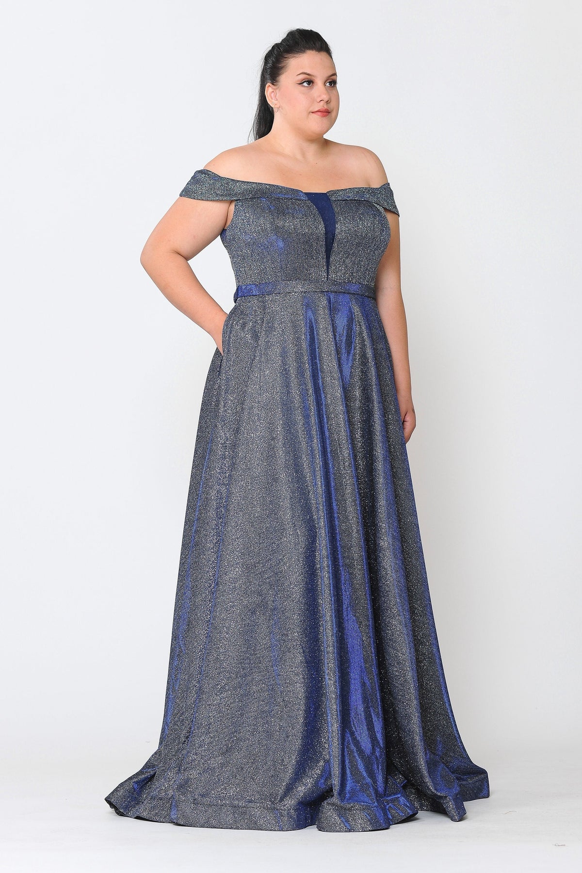 Poly USA W1060 Plus Size Long Off Shoulder Glitter Dress