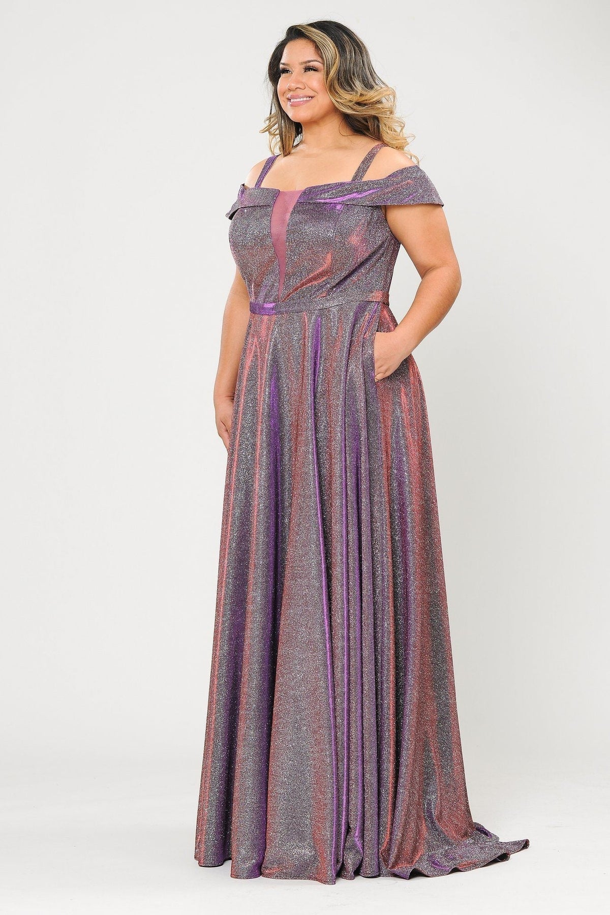 Poly USA W1060 Plus Size Long Off Shoulder Glitter Dress
