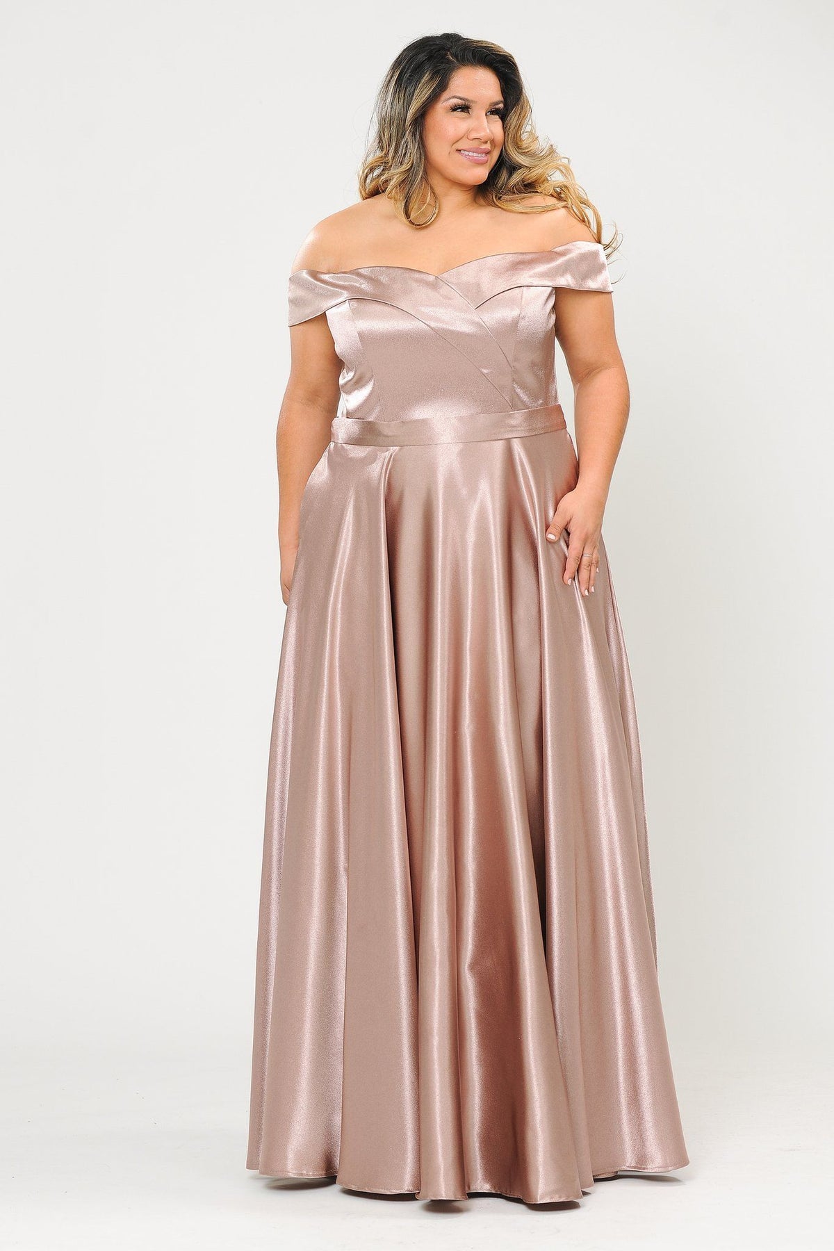 Poly USA W1058 Plus Size Long Off Shoulder Satin Dress