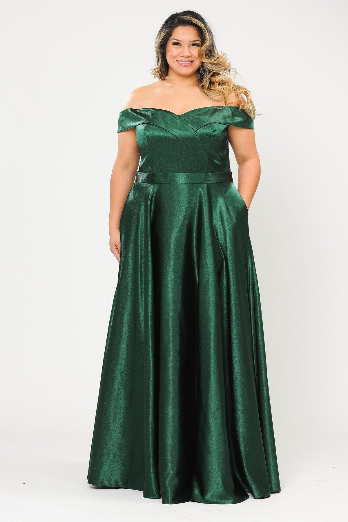 Poly USA W1058 Plus Size Long Off Shoulder Satin Dress