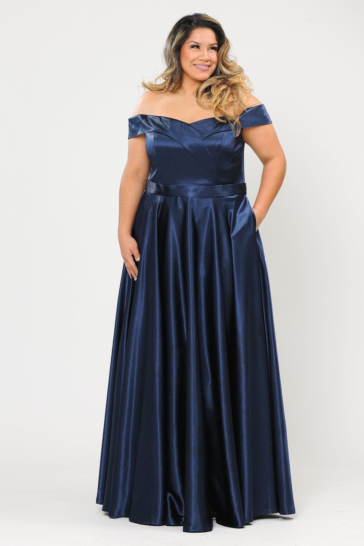 Poly USA W1058 Plus Size Long Off Shoulder Satin Dress