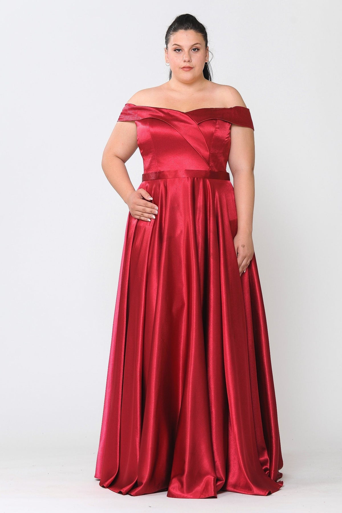 Poly USA W1058 Plus Size Long Off Shoulder Satin Dress