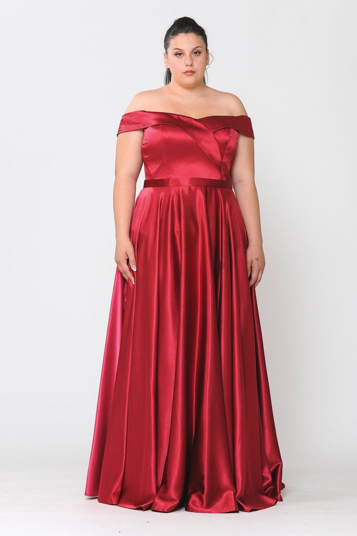 Poly USA W1058 Plus Size Long Off Shoulder Satin Dress
