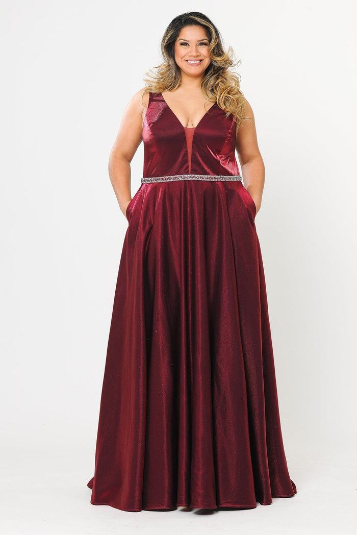 Poly USA W1062 Plus Size Long Satin Deep V-Neck Dress