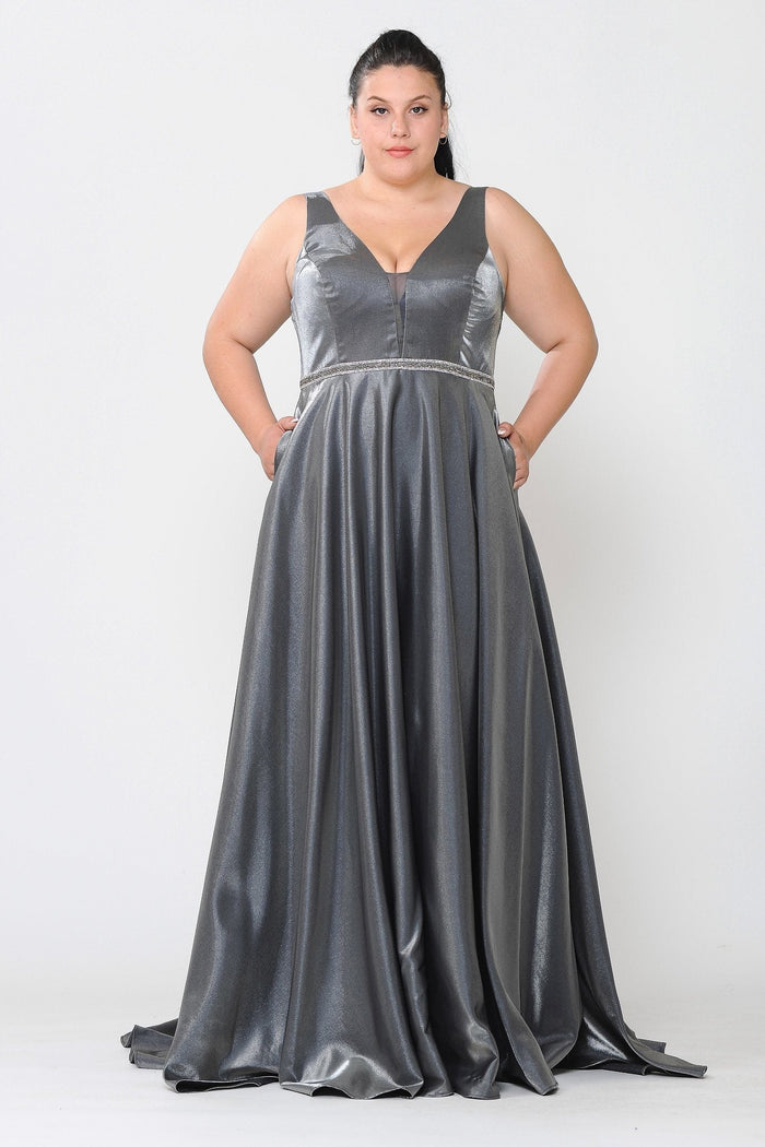 Poly USA W1062 Plus Size Long Satin Deep V-Neck Dress