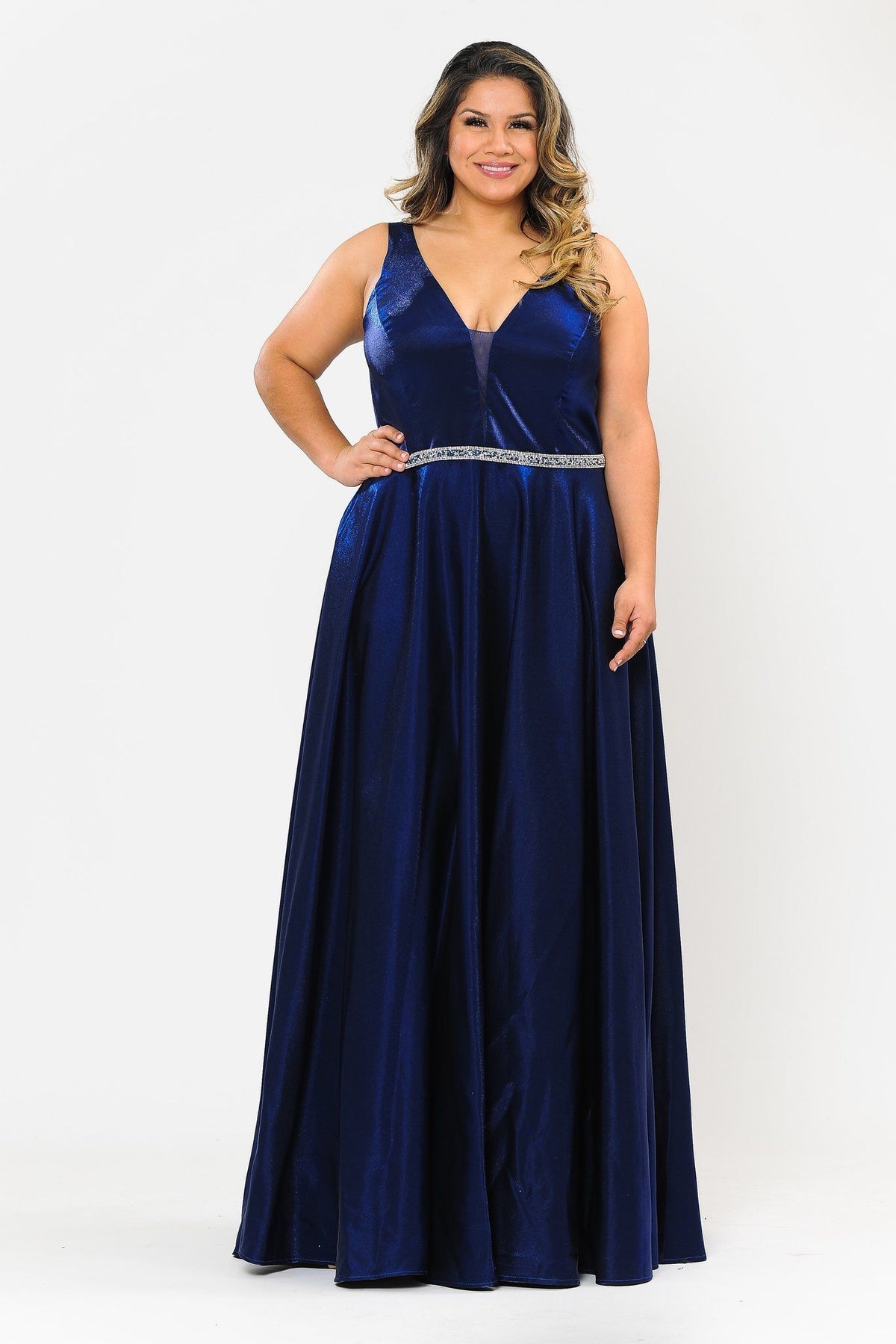 Poly USA W1062 Plus Size Long Satin Deep V-Neck Dress